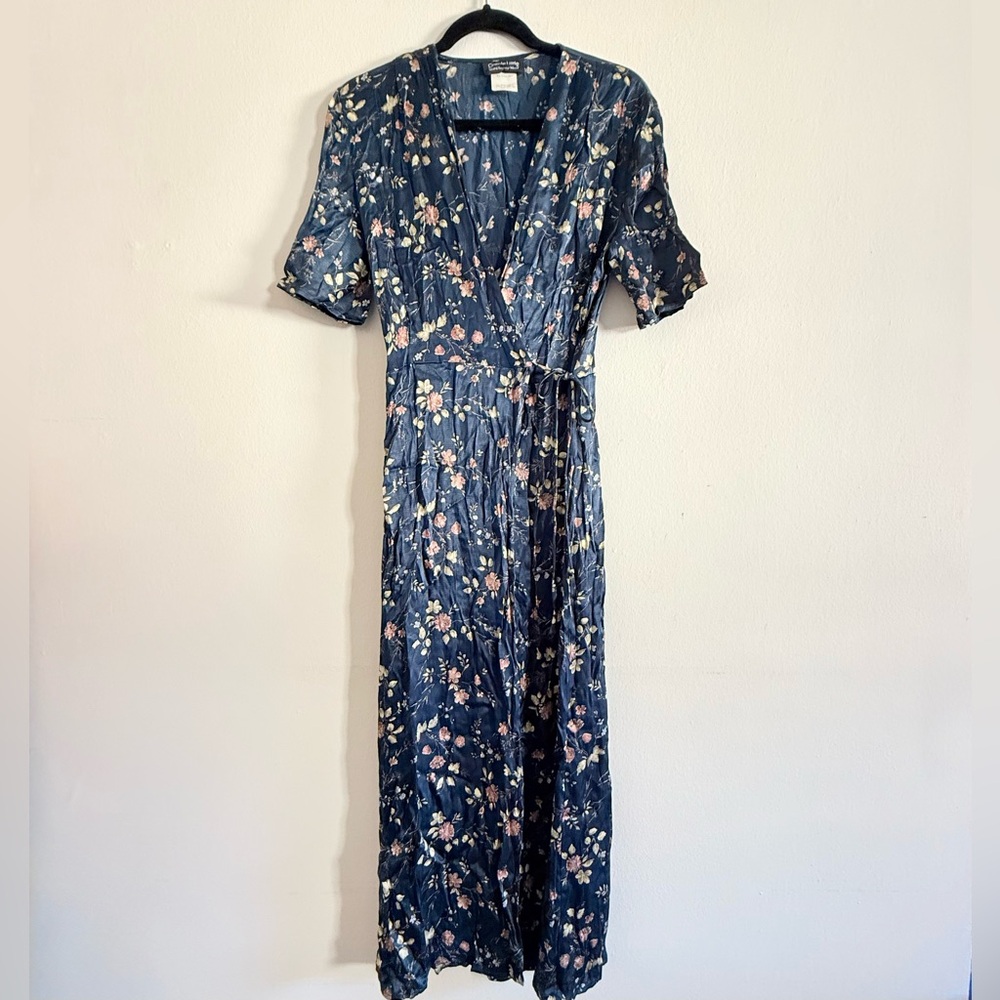 Vintage Blue Floral Wrap Maxi Length Dress